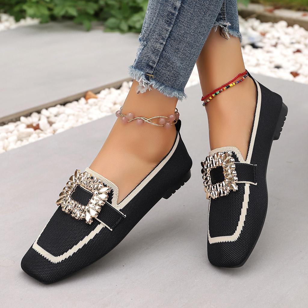 Ladies' Casual Square Toe Flat Shoes with Crystal Buckle Decoration, Breathable Fabric for One Foot Shoes, Rubber Sole, Suitable for All Seasons