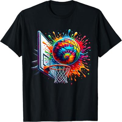 Buntes Basketball Tie-Dye Farbspritzer Basketballkorbnetz T-Shirt