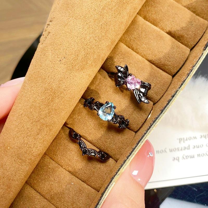 Dark Punk Personality Bow Love Zircon Stacked Open Ring Niche Genderless Style High Sense Ring