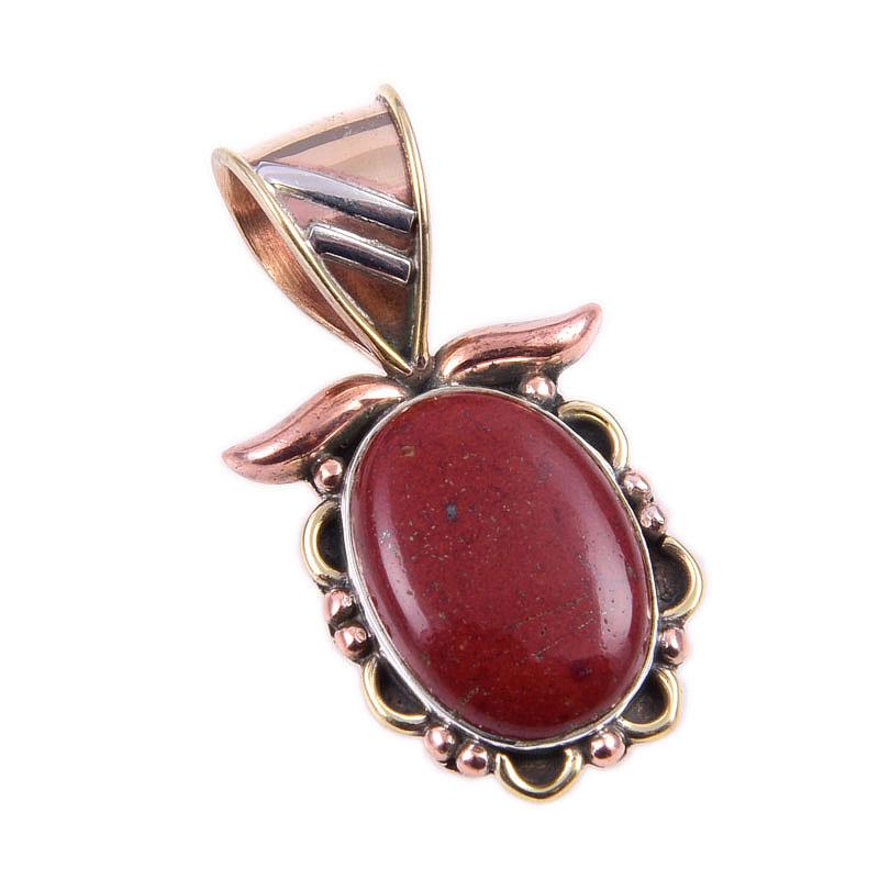 Natural Red Jasper Gemstone 925 Solid Sterling Silver TwoTone Pendant 1.25" B9O27