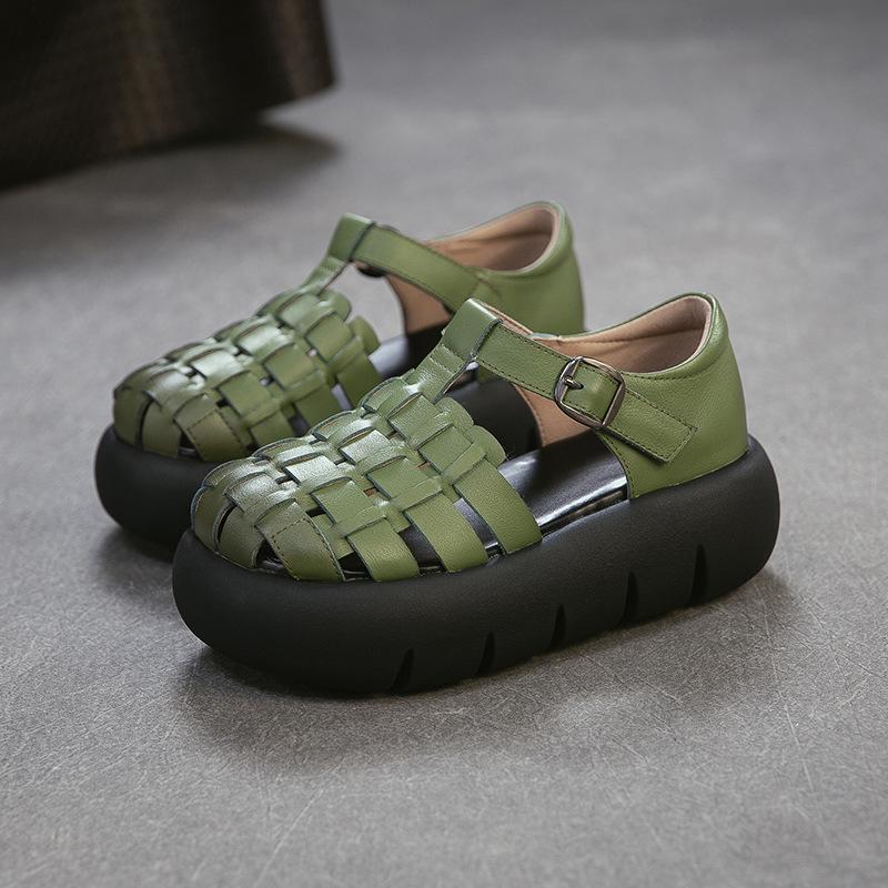 Johnature Genuine Leather Retro Handmade Woven Thick Soled Sandals Versatile Women's Platform Shoes