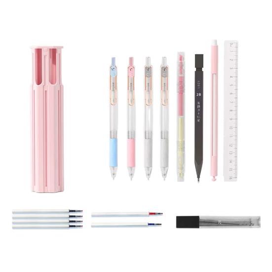 Pen Case Hexagonal Portable Pencils Gel Pens Box Easy Access Lid Card Slots Independent Pen Holder School Supplies