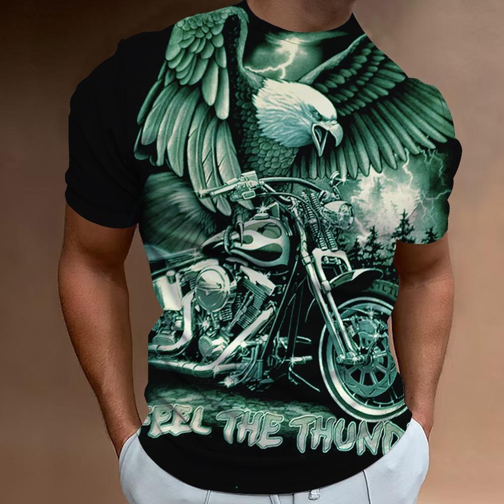 Men's Animal Pattern T-Shirt, Eagle, Motorcycle, 3D Print, Vintage Trendy Loose Large Size Casual Street Short Sleeve Top