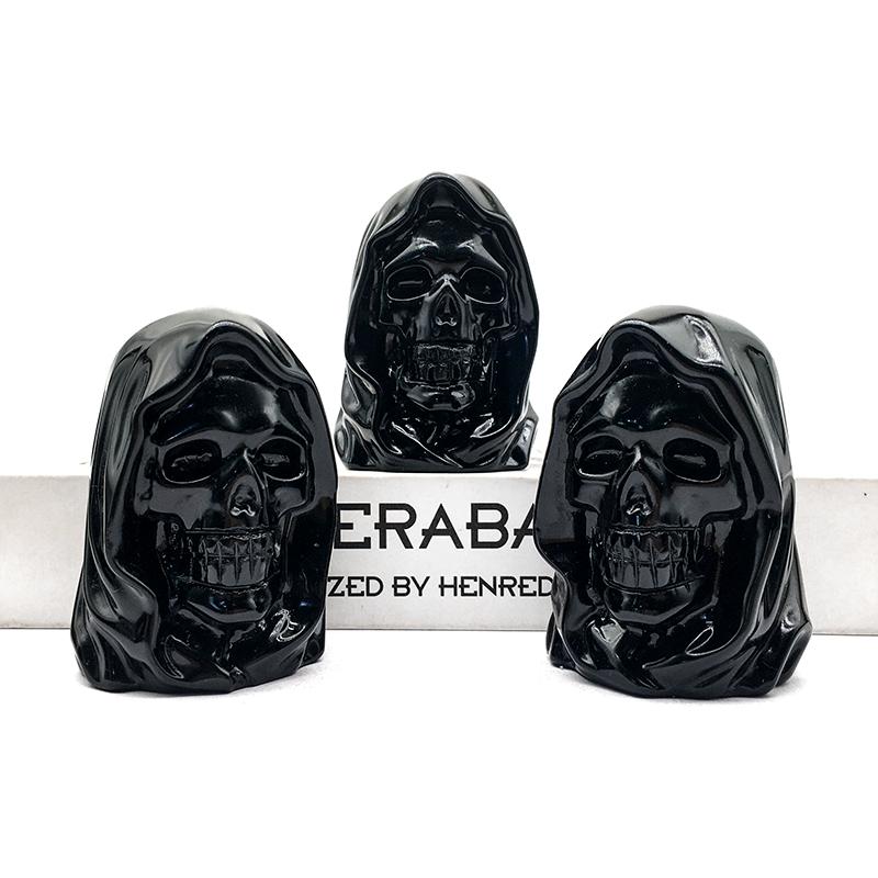 Natural Crystal Craft Obsidian Wizard Skulls Hand Carving 80mm Black Obsidian Skulls for Halloween Decoration