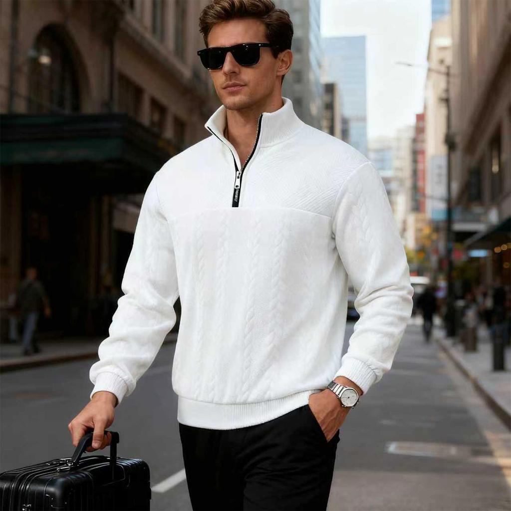 Men's Knitted Pullover Sweater Half Zip Stand Collar Cable Knit Pattern Long Sleeve Casual Winter Warm Sweatshirt