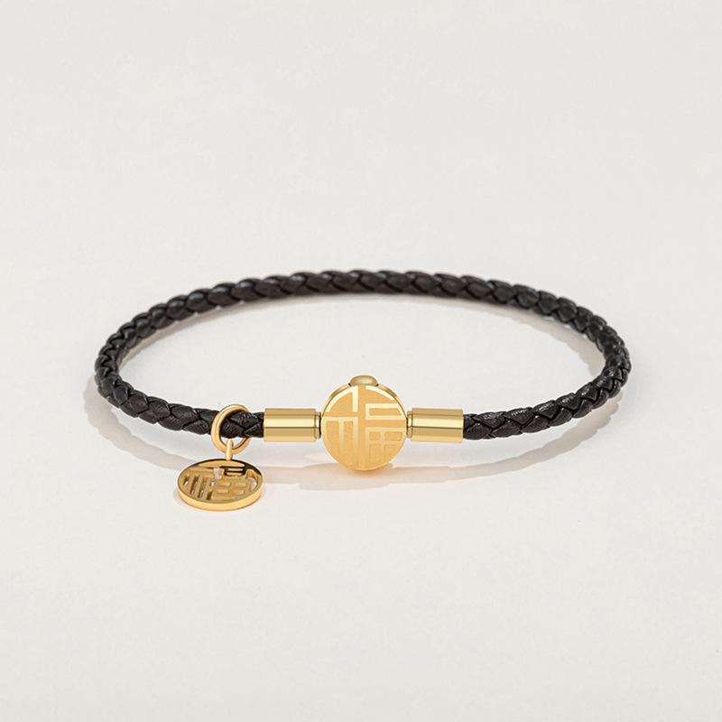Fu Brand Leather Bracelet with Gold Buckle and Lucky Beads for Men, Women, Couples