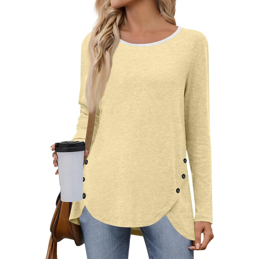 Women's Fashion Casual Solid Color Round Neck Long Sleeve Button Tops On Both Sides
