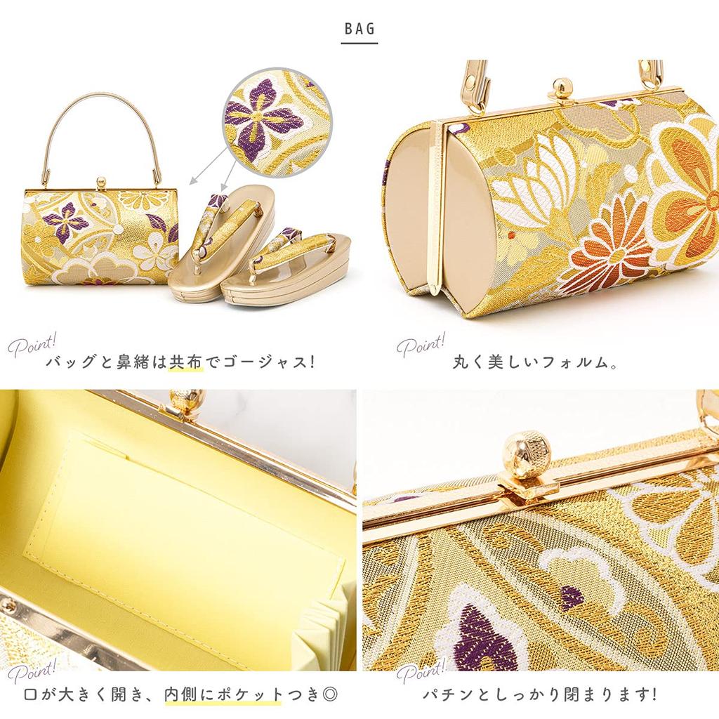 Sandals and bag set for obi formal Japanese cherry blossom and chrysanthemum mirror back x gold [SOUBIEN] coming-of-age ceremonies, long-sleeved