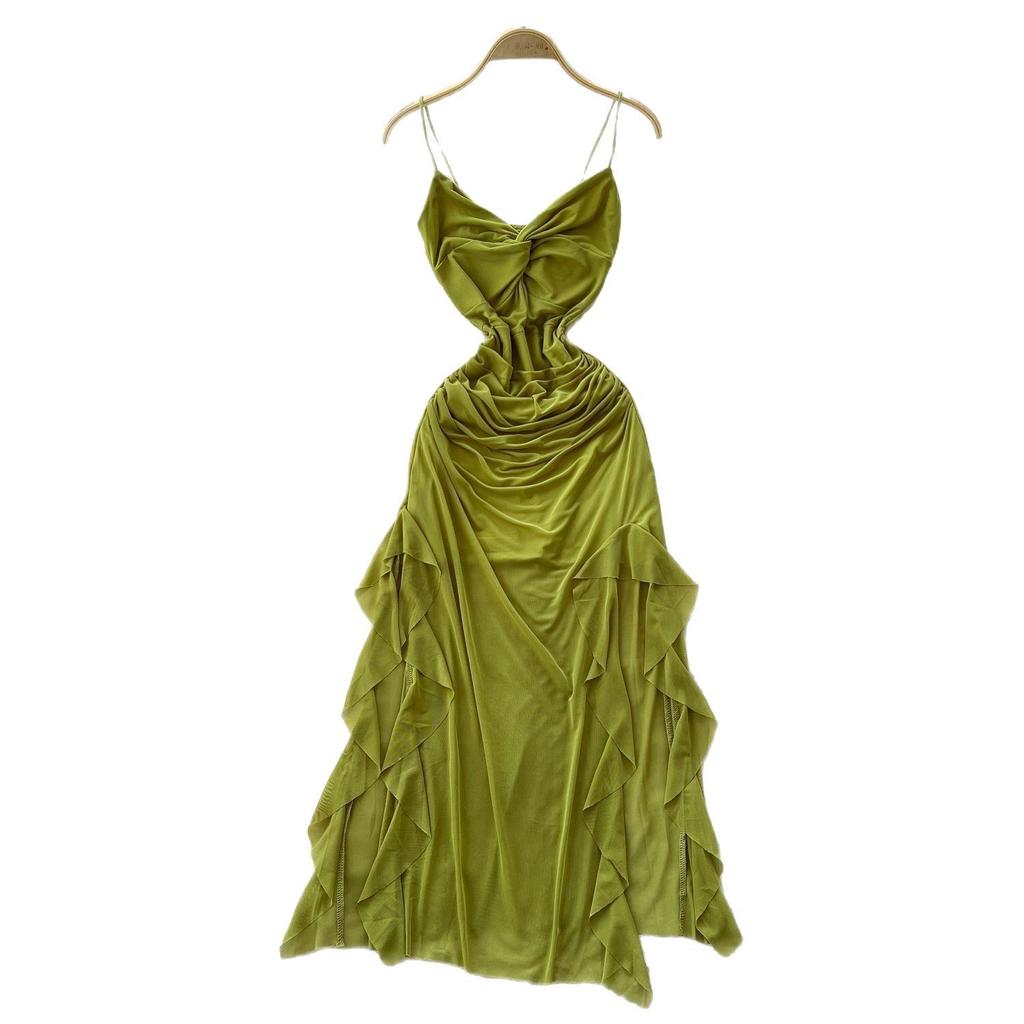 Muse Fan Design Sense Careful Machine Kink Suspender Dress Women's Summer Pleated Waist Irregular Long Dress