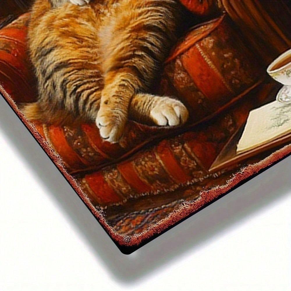 Vintage Cat in Armchair Metal Wall Art, 8x12in Rustic Iron Hanging Decor