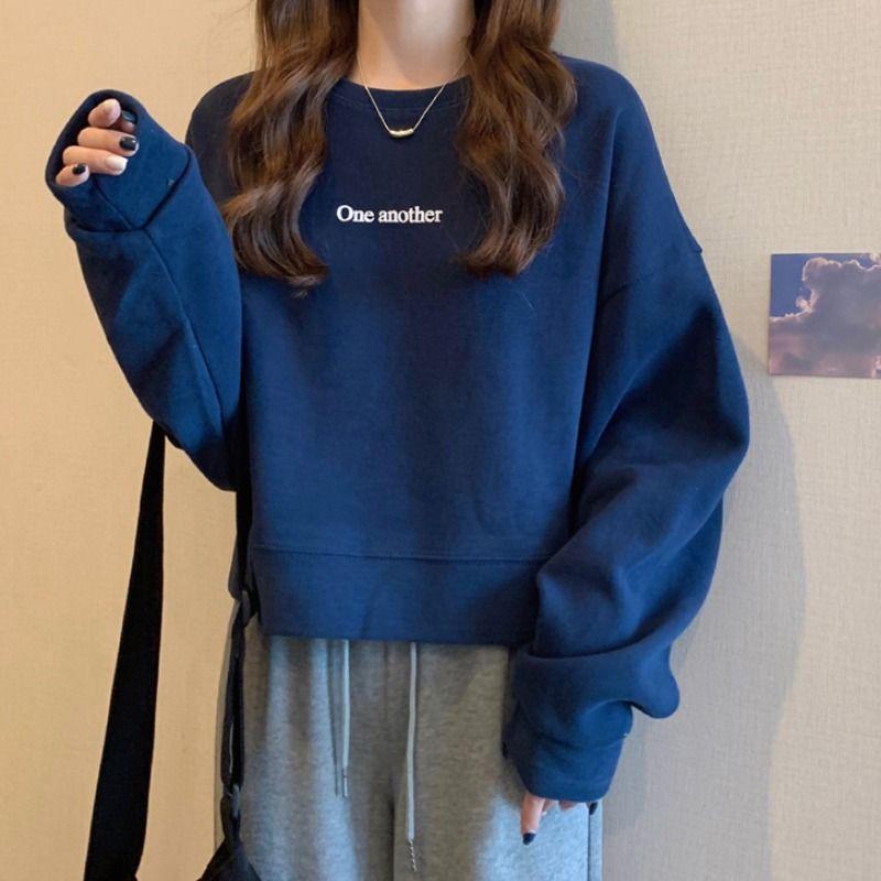 Mode Pullover Damen Herbst und Winter Rundhals Kurzer Abschnitt Langarm Tops Weiblich Lose Keine Kappe