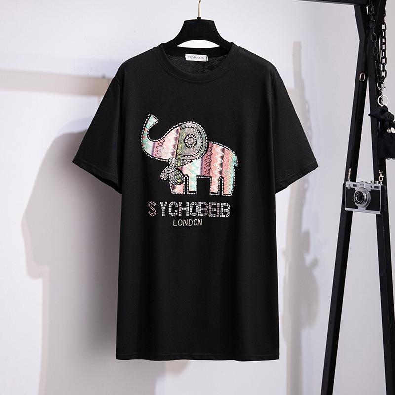 Plus Size Women S Rhinestone Loose Mid Length Short Sleeve T Shirt