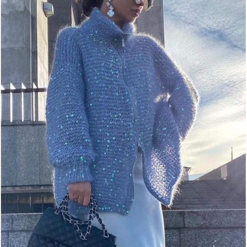 Women's Hooded V Neck Knit Sweater Loose Fit Lazy Style Sequin Embellished Long Sleeve Pullover Jumper For Autumn Winter
