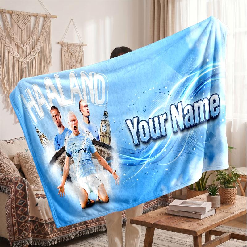 Erling Haaland Personalized Fleece Blanket With Football Logo, Custom Name Text Soft Warm Home Throw Blanket