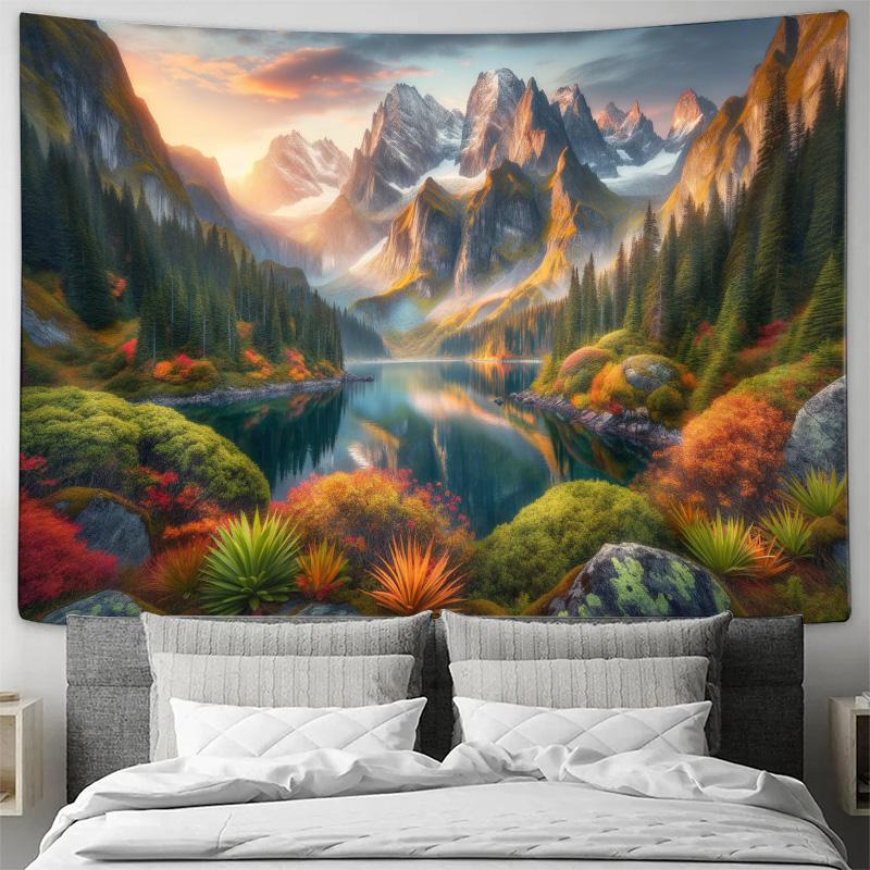 Autumn Mountain Lake Forest Sunset Landscape Wall Tapestry Non Toxic Machine Washable All Season Decor Art Print Nature Design