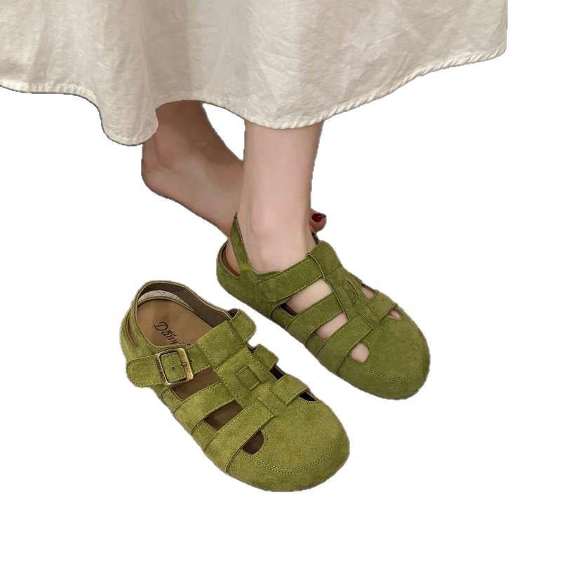 Retro Mori baotou sandaler dame 2025 sommer ny to-veis uthulede halv-tøfler vevde myke flate såler gris bur sko