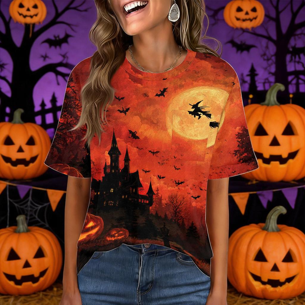 Women's Casual Halloween Pullover Top Short Sleeve Round Neck Pocket T-Shirt Halloween Print Casual Fit Lightweight