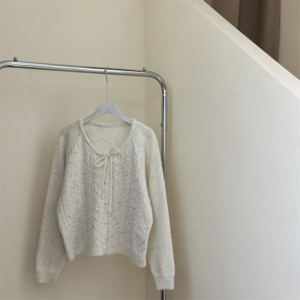 

2024 винтажный элегантный вязаный кардиган женский однотонный Y2k повседневный свободный свитер топы женская корейская модная шикарная одежда M белый