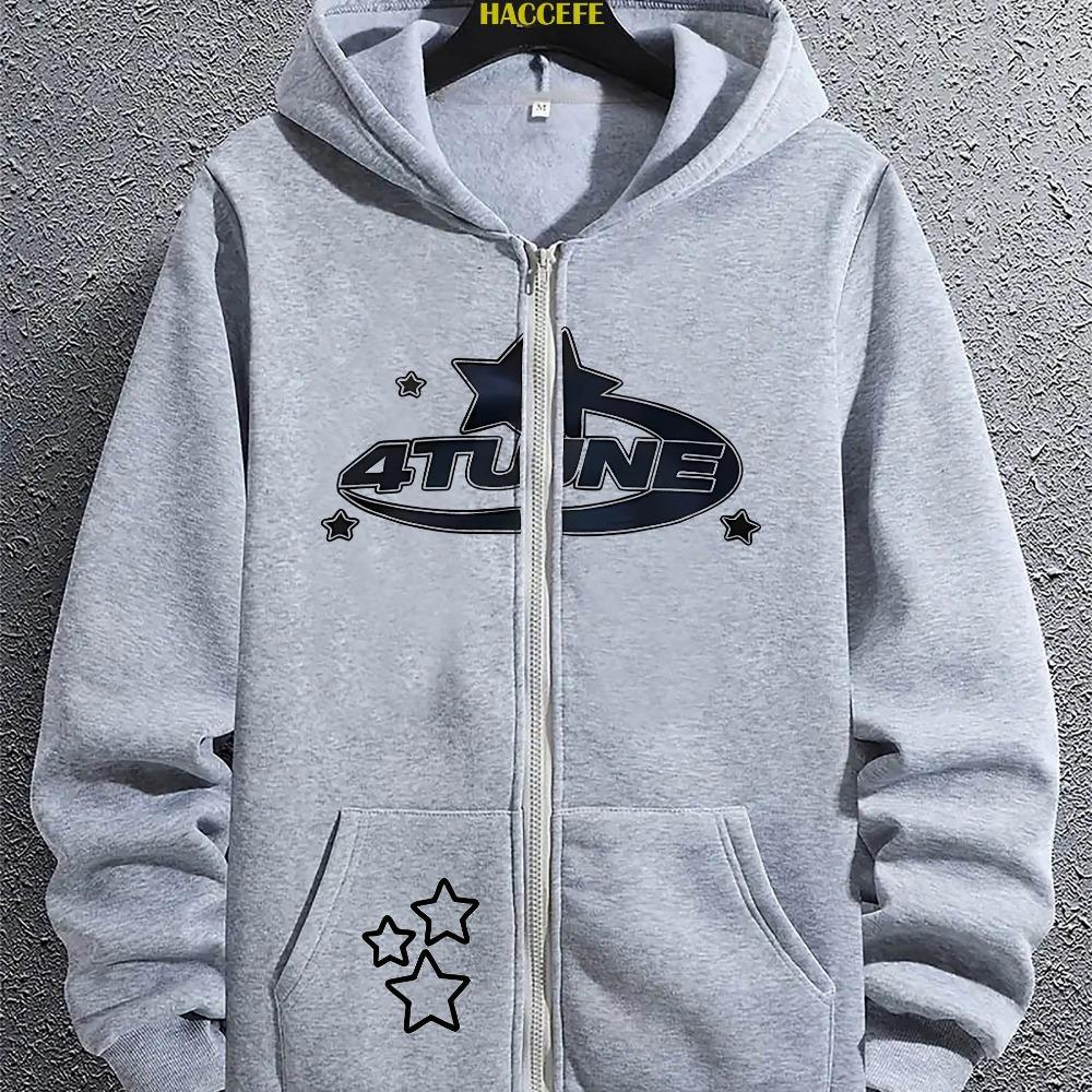 Herenmode Trend Creatief Element Bedrukt Rits Hoodie, Kangoeroezak, Herfst en Winter Lange Mouwen Casual Losse Top