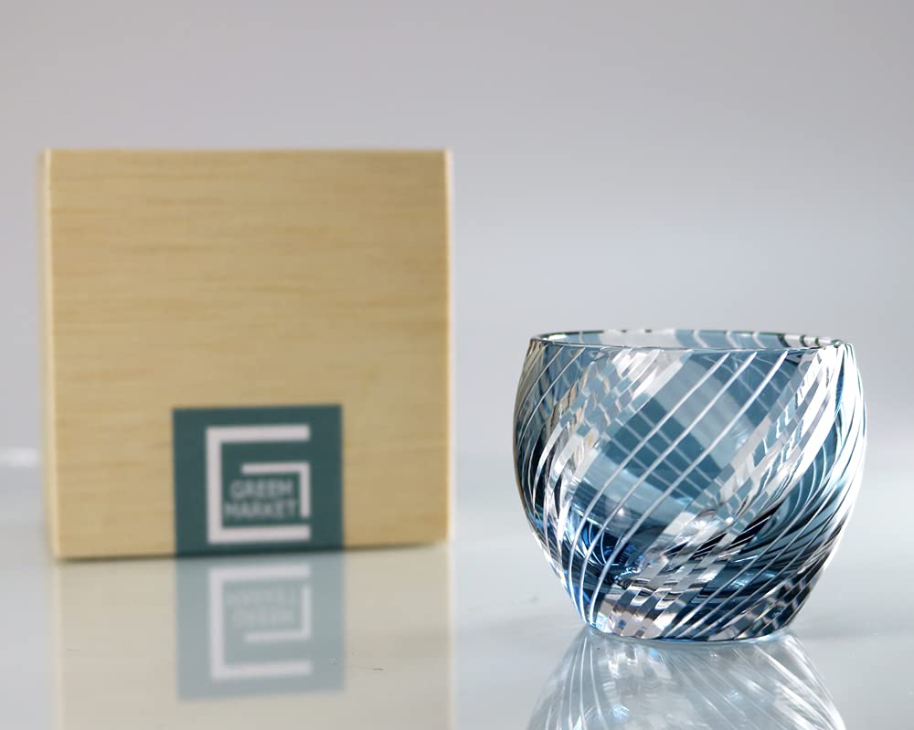 GREEM MARKET Craft Glassware Cut Glass Sake Sake with Wooden Product GMS02577 (Greem Market) Cup, Cup, Cup, Navy, Box, Number