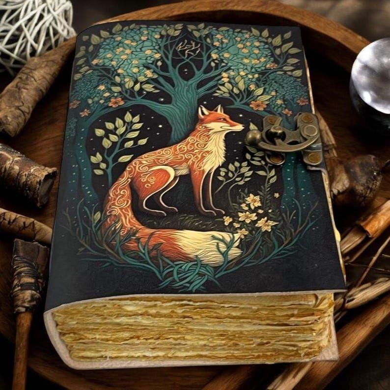 200 Page Large Fox Vintage Handmade leather Journal, Grimoire Fat journal Blank spell book of shadows Celestial Christmas Gifts For Him Her