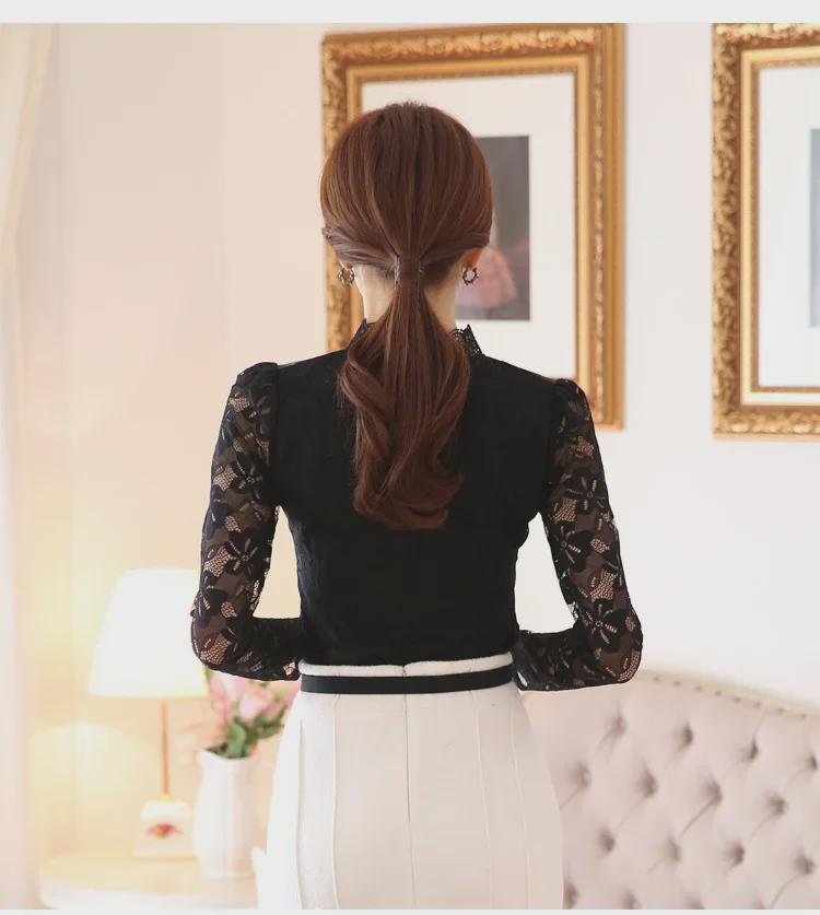 Women's Lace Chiffon Shirt - Long Sleeve, Stand-Up Collar, Slim Fit, Autumn/Winter Fashion, Plus Size