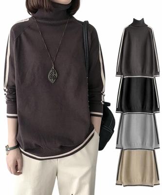 Sesong Long Sleeve Turtleneck Sweater with Stripes and High Neck Ribbed Knit Loose Plus Sizes Solid Perfect for and Winter Women's Top, Stretchy, Fit,