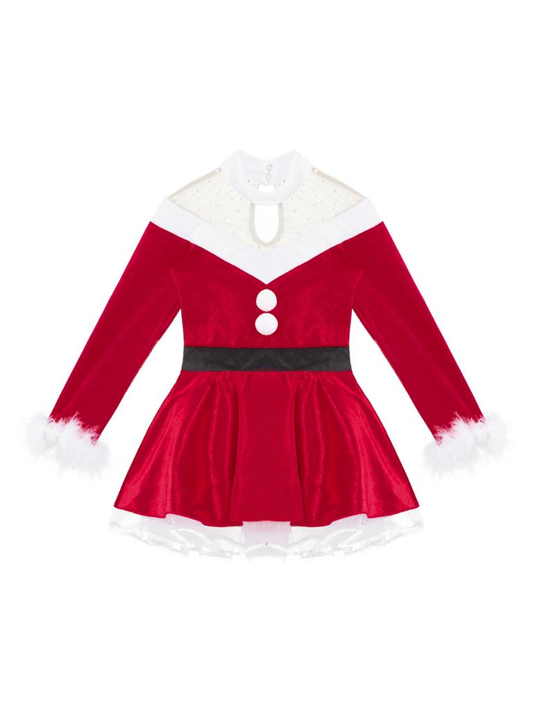 Kids Girls Christmas Miss Santa Claus Costume Long Sleeve Velvet Dance Performance Leotard Dress