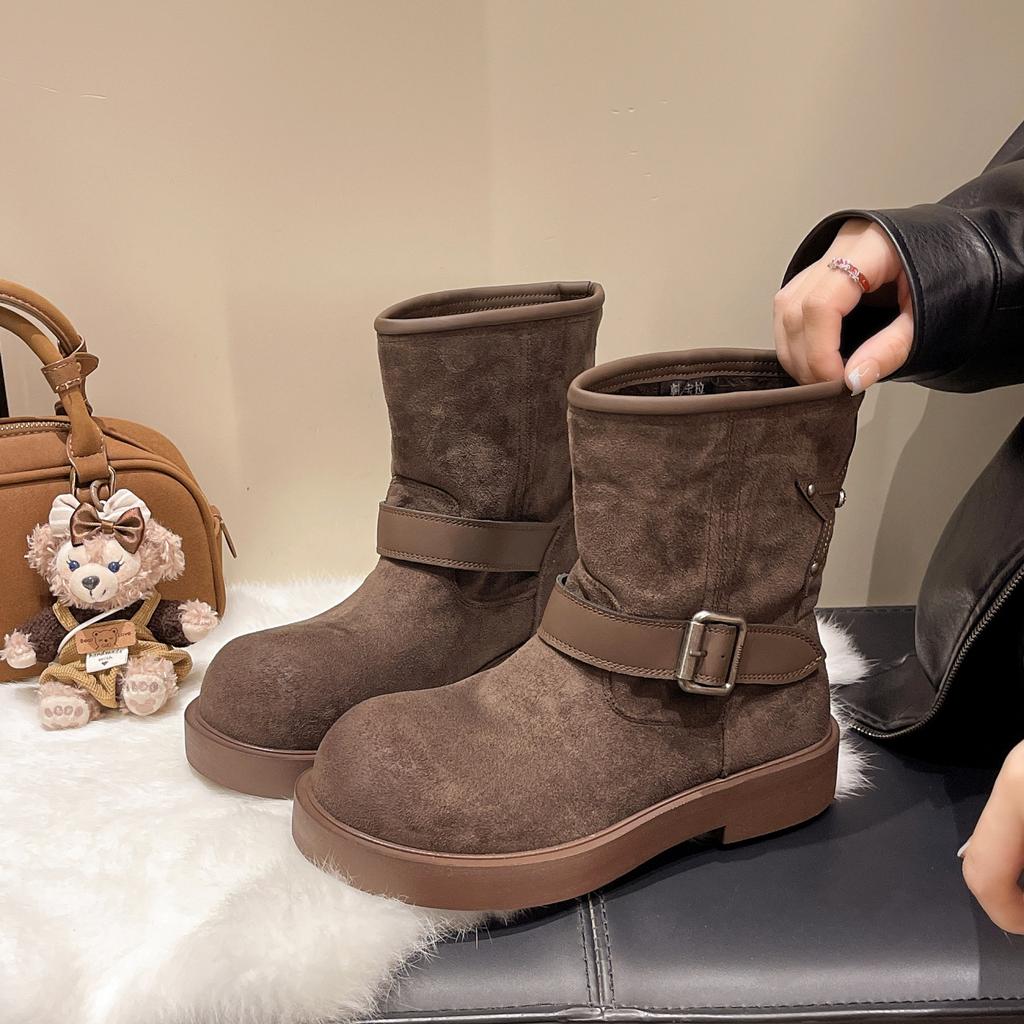 European and American foreign trade large size women's shoes 2025 autumn and winter new suede round head square heel medium tube low heel fashion boot