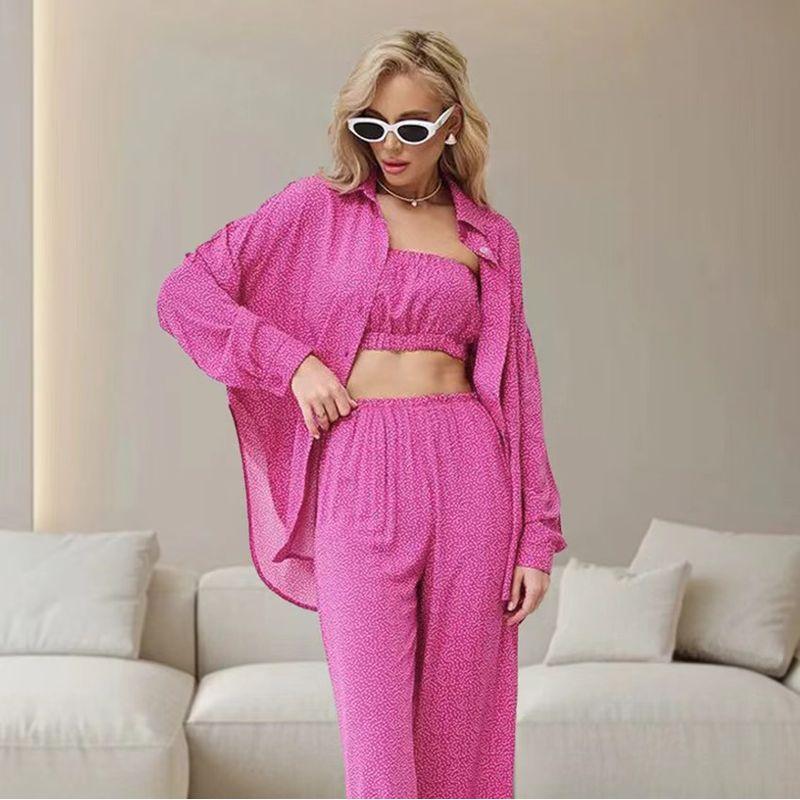 

Fashion Wind New Arrival Leopard-Print Shirt Tube Top Pants Three-Piece Fashion Three Piece Set Rose Red S