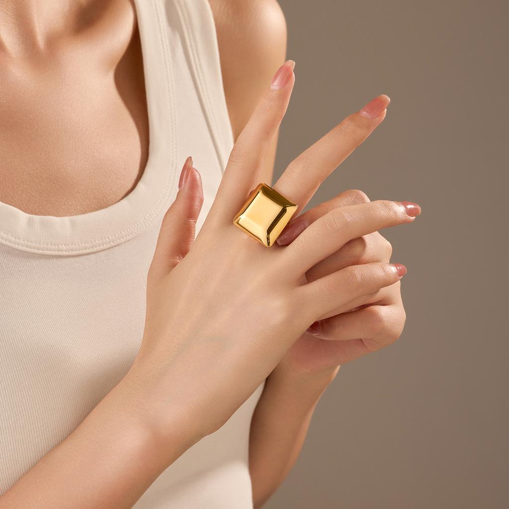 GEMCHIC Women's Square Geometric Open Adjustable Gold Plated Stainless Steel Ring
