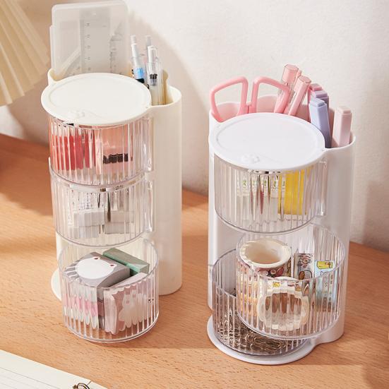 Makeup Brush Holder with Lid Clear Rotating Cosmetic Tool Organizer for Vanity Bathroom Countertop Sliding Door Makeup Accessory Organizer