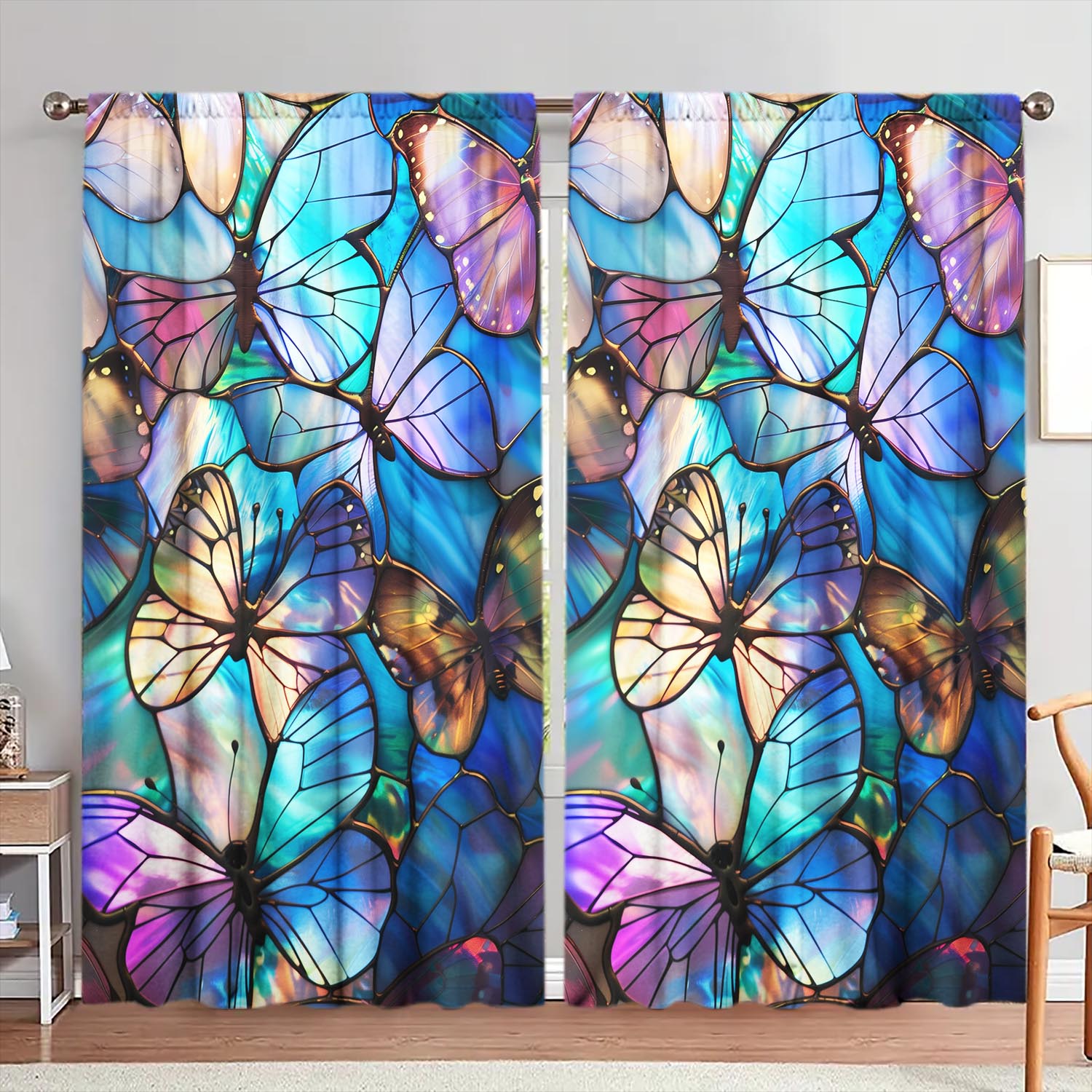 2-Panels Stained Glass Butterfly Semi Blackout Curtain   Half Blackout Suitable for Artistic Home Decorative Curtains 100*130 HOOK 1pcs