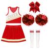 Girls Cheerleading Outfit Sleeveless V Neck Crop Top and Elastic Waist Skirt Set with Bowknot 2Pcs Hand Flowers