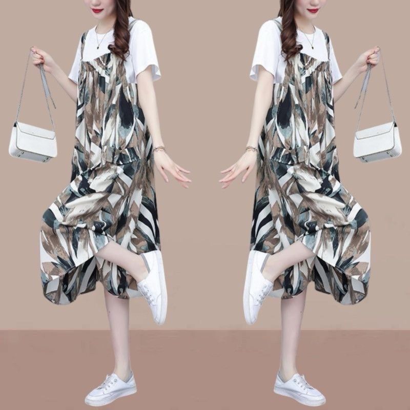 Two Piece Set Casual Loose Matching Sets Summer O-Neck Short Sleeve Women's Clothing Printed Stylish Shirring Midi Dress Sets