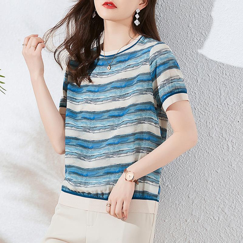 Mulberry Silk T-shirt Women's Short-sleeved  Dress Fashion Crew Neck Top, Thin Silk