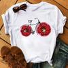 Spring Summer Ladies Floral Bicycle Pattern Fashion Cartoon Print White Letter T-shirt Woman Clothes T Shirt Tops Tee Graphic