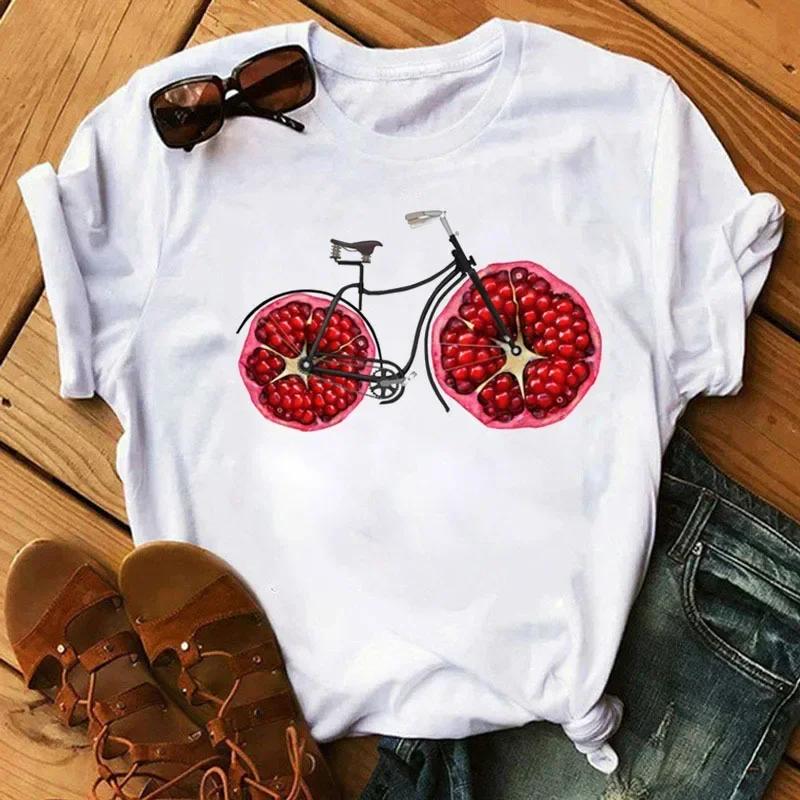 Spring Summer Ladies Floral Bicycle Pattern Fashion Cartoon Print White Letter T-shirt Woman Clothes T Shirt Tops Tee Graphic