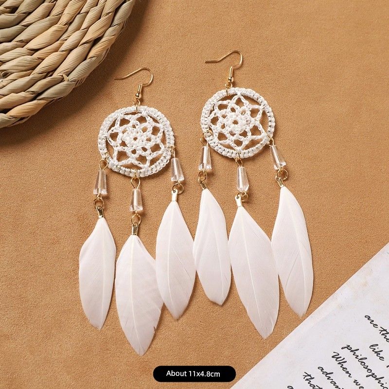 Ethnic Style Bohemia Feather Earrings White Long Style Fashion Retro Stylish Tassel Female Holiday Trip Shoot Earrings