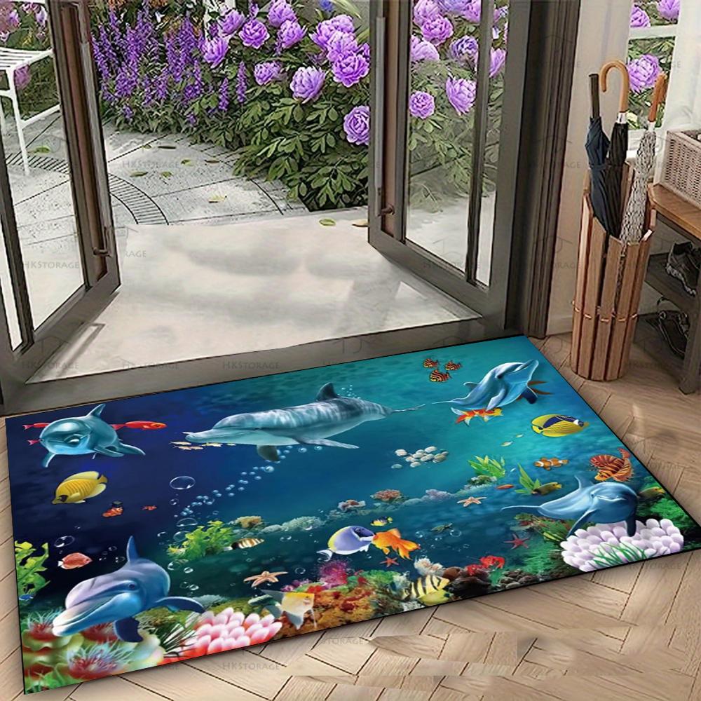 Lively Underwater World Door Mat with Dolphins and Colorful Fish Non-slip Floor Rug for Entrance Home Decorative Mat