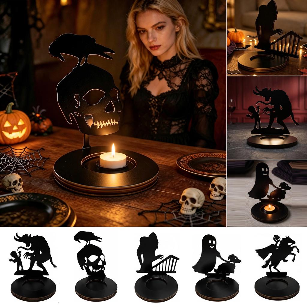 Halloween Candle Holder Black Wooden 2D Holiday Tabletop Centerpiece Decor for Party