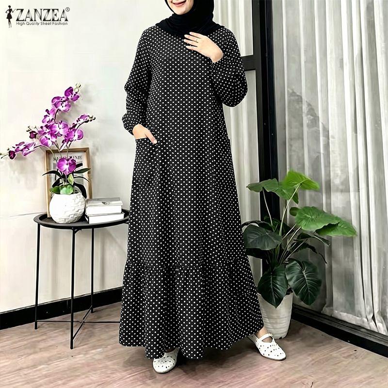 ZANZEA Women Muslim Casual Round Neck Long Sleeve Loose Polka Dot Print Dress