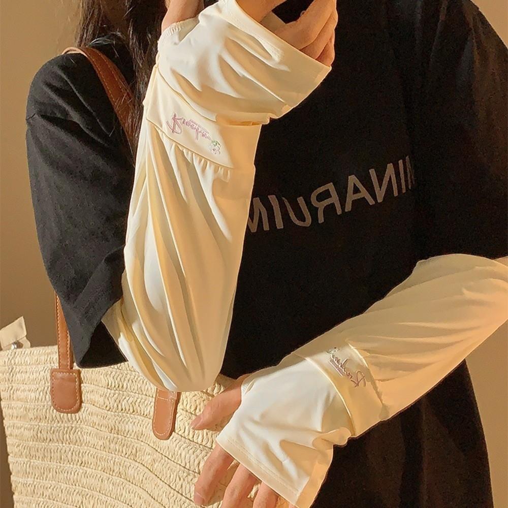 Loose Long Ice Silk Sleeves Flower Embroidered Cycling Gloves Sunscreen Arm Covers  Summer