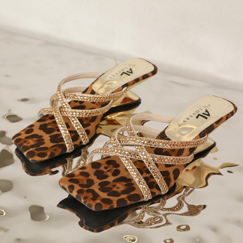Fashion Brand Design Leopard Slippers Women 2025 Summer Glitter Cross Strap Beach Slides Sexy Slip On Strange Heels Party Shoes