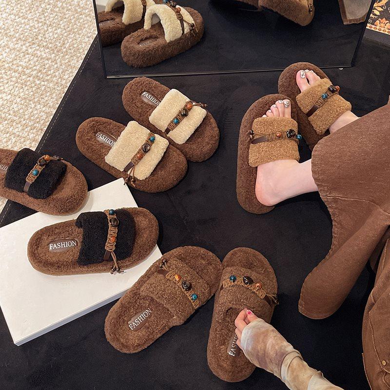 Home super fire lamb wool new autumn and winter 2025 cotton slippers thick bottom fluffy slippers women wear warm