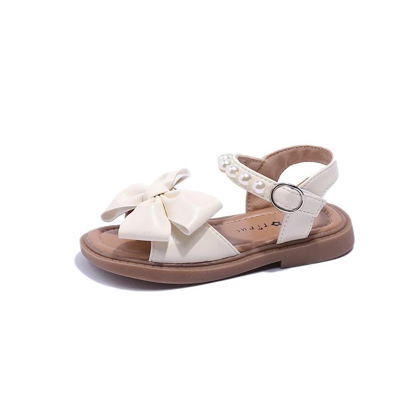 Children Shoes Bow Pearls Open-toe 2024 New Summer Flats Kids Casual Girls Sandals Non-slip PU Simple Japanese Style for Dresses