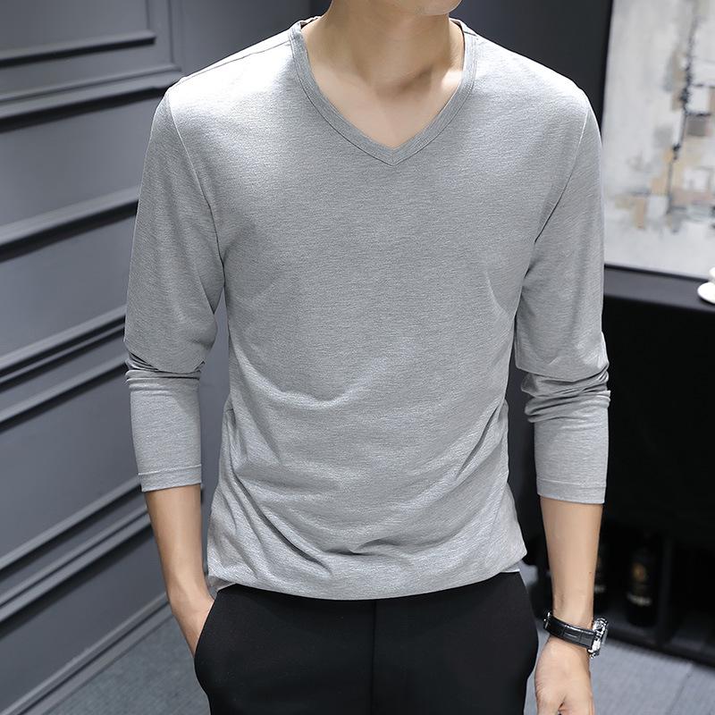 T-shirt à manches longues en modal mercerisé à col en V pour homme - Couleur unie, Léger, Idéal pour la superposition printemps/automne.