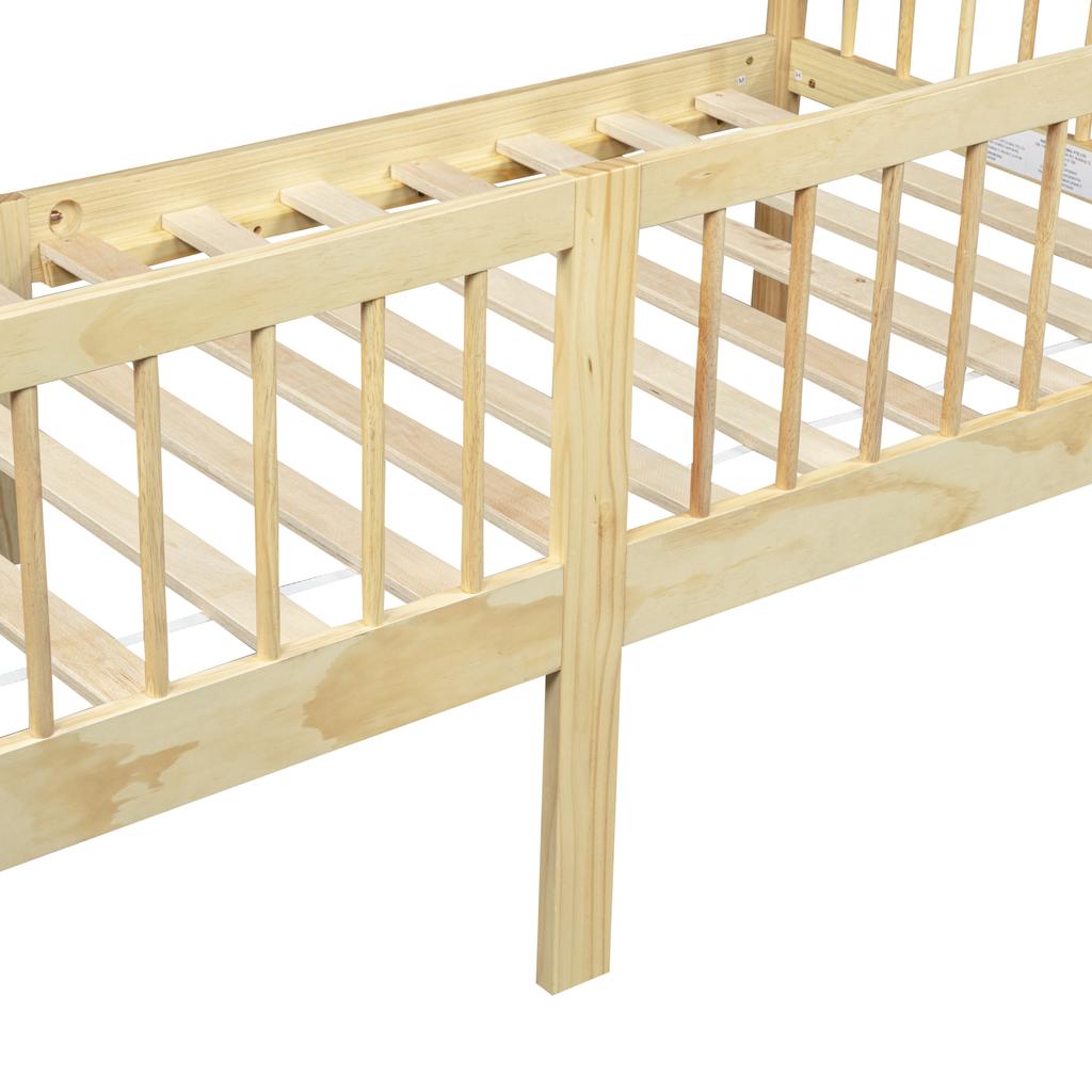 Pine Wood Daybed 90*200 Cm, Sofa Bed with 3-Sided Guardrails & 14 Support Slats, Natural