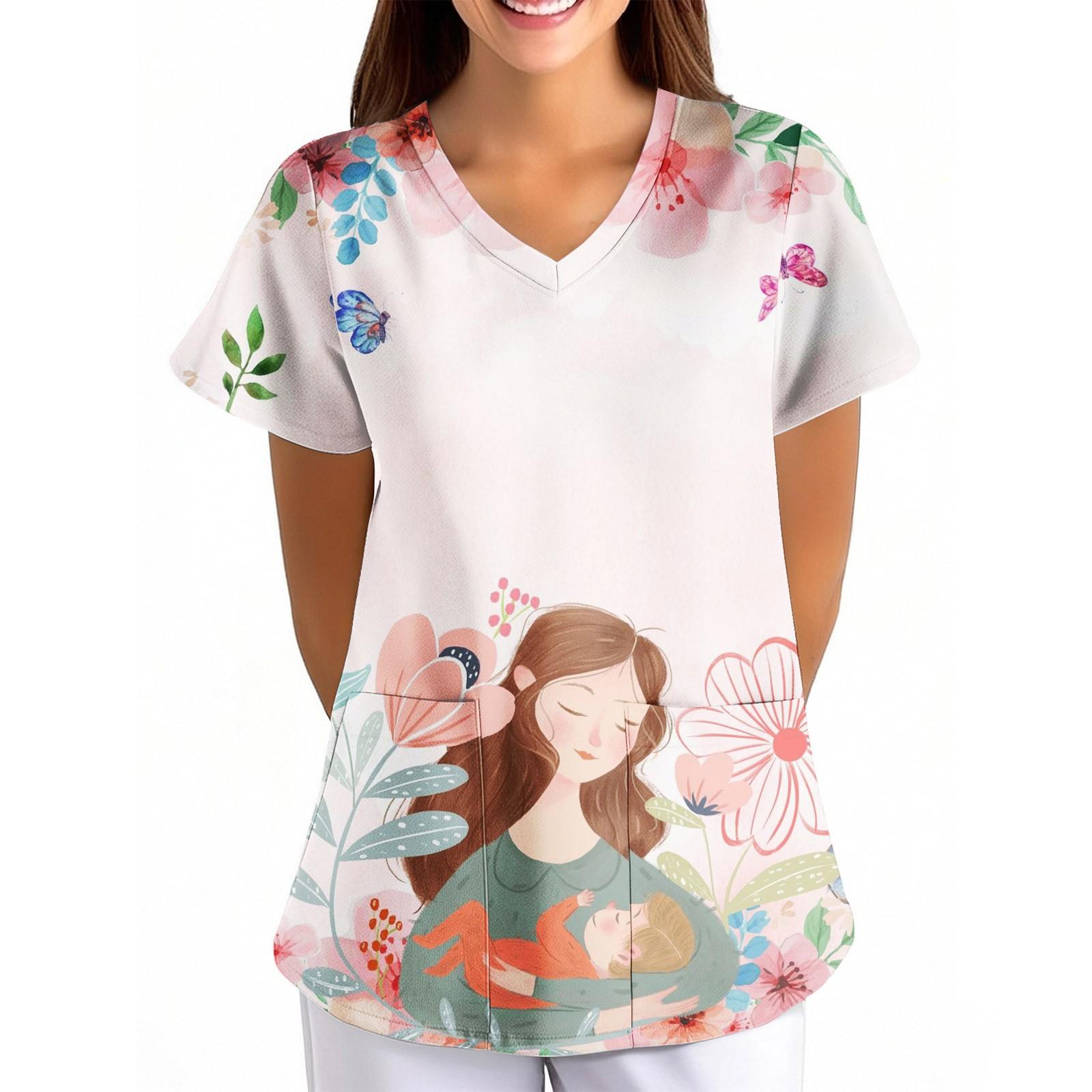 

Жіноча уніформа до Дня матері з принтом і V-подібним вирізом з короткими рукавами XL кавун червоний колір