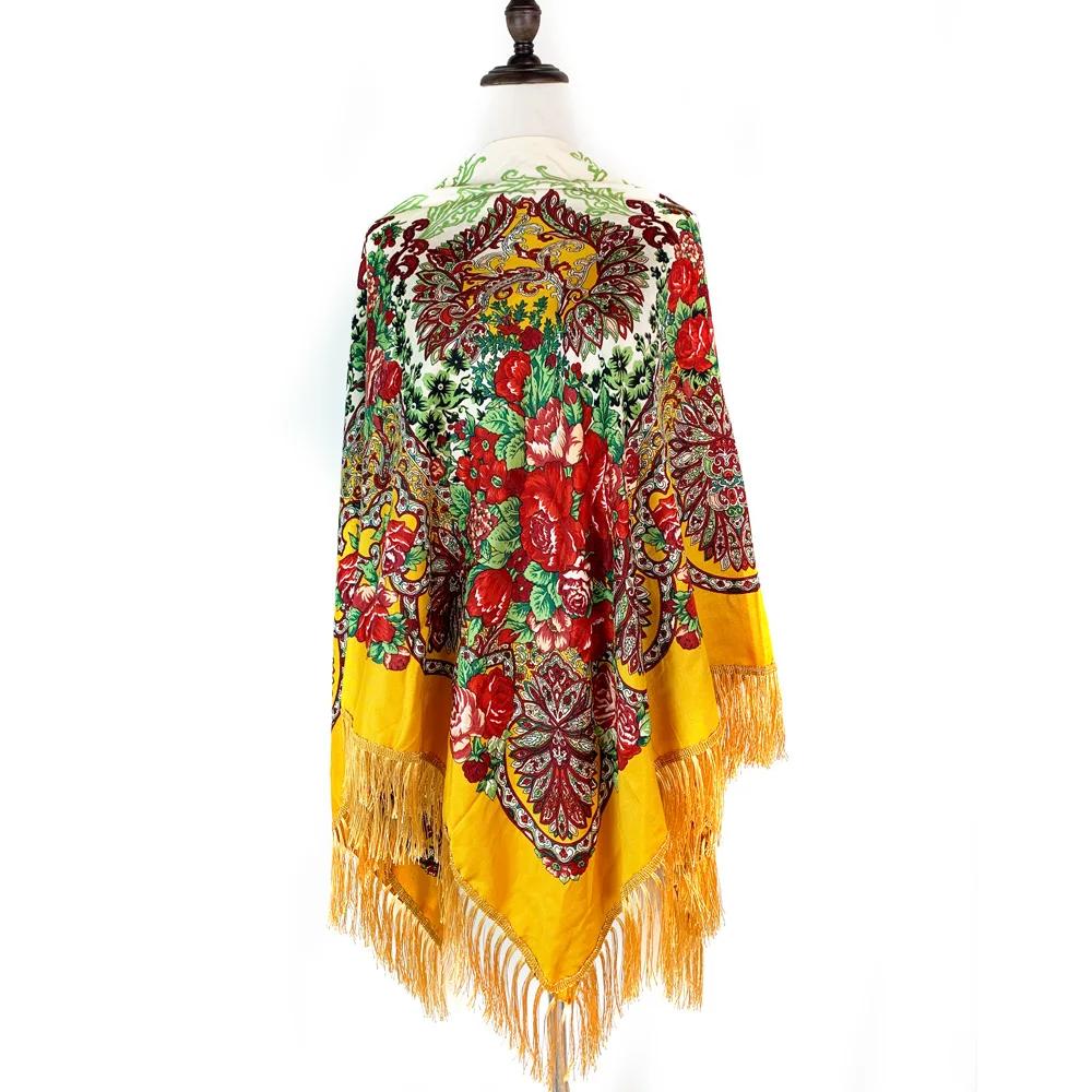 160*160cm Luxury Flower Print Russian Square Scarf Women Traditional Ukrainian Shawl Ethnic Fringed Bandana Babushka Head Wraps